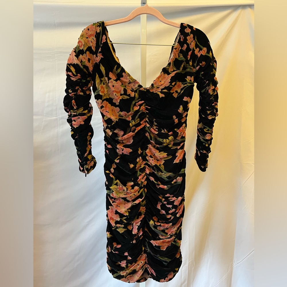 House of CB Black Floral Ruched Long Sleeve Dress